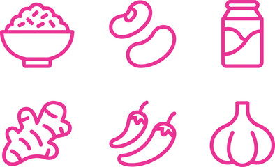 Pink line art icon set; rice bowl, beans, jar, ginger, peppers, garlic isolated