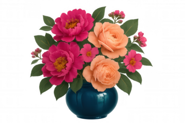 Vibrant bouquet of pink peonies and peach roses arranged in a classic blue vase, isolated on a transparent background