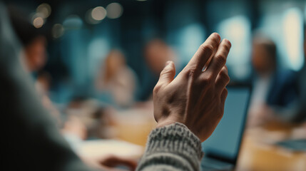 Cinematic close-up of a person's hands gesturing during a meeting, with blurred colleagues and a laptop in the background, professional DSLR photography, full HD, detailed, high-key lighting.