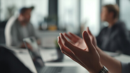 Cinematic close-up of a person's hands gesturing during a meeting, with blurred colleagues and a laptop in the background, professional DSLR photography, full HD, detailed, high-key lighting.