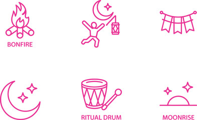 Pink Line Icon Set with Bonfire, Celebration, Moonrise, and Ritual Drum Designs