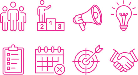 Pink Line Icon Set with Team Podium Megaphone Lightbulb and Business Concept