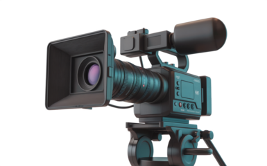 Broadcast Video Camera on Tripod, High-End TV And Film Production Gear, Ideal for News, Streaming or Event Coverage on a transparent background.
