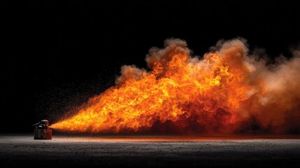 Fiery orange flames billowing from a small device on a dark surface