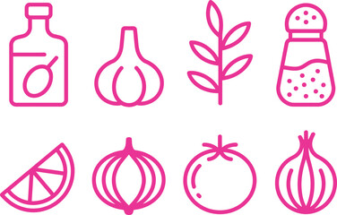 Pink Line Icons Olive Oil, Garlic, Herb, Salt, Lemon Slice, Onion, Tomato, Bulb