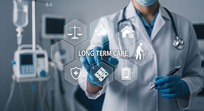 Medical professional in coat touches long term care icons within a sterile hospital setting - Powered by Adobe