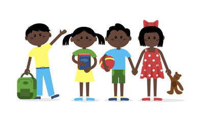 Happy kids set. Children with books and toys. School concept. Kindergarten. Children image for posters and illustrations.