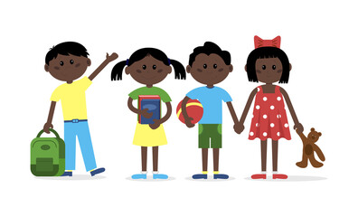 Happy kids set. Children with books and toys. School concept. Kindergarten. Children image for posters and illustrations.