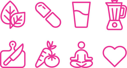 Pink Line Icons Set Leaf, Capsule, Drink, Blender, Cutting Board, Veggies, Yoga, Heart
