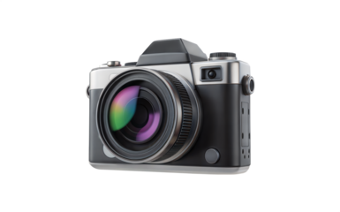 Retro style digital camera with lens reflection photography isolated on a transparent background.
