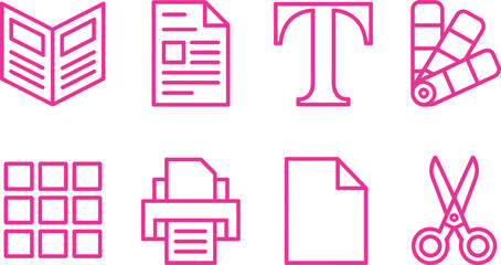 Pink Linear Icons on White Newspaper, Paper Sheet, Printer, Scissor, Swatch, Grid