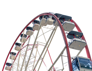 Side View of Red and White Ferris Wheel Structure with Gondolas, isolated PNG