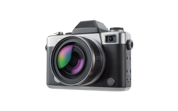 Retro style digital camera with lens reflection photography isolated on a transparent background.