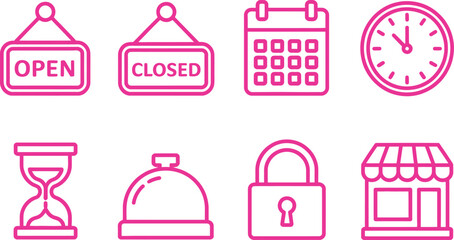 Pink Open, Closed, Calendar, Clock, Hourglass, Bell, Lock, Shop Icons on White