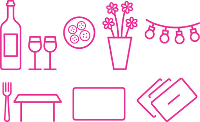Pink Outline Dinner Party Icons Wine, Glasses, Plate, Flowers, Lights on White