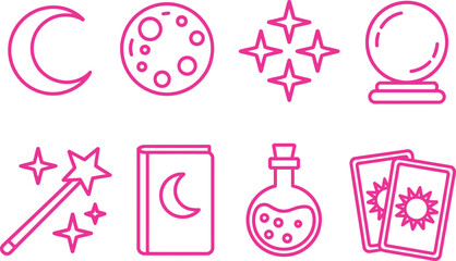 Pink Outline Icon Set Moon Phase, Planets, Stars, Magic Wand, Cards, Potion Bottle