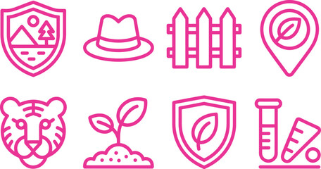 Pink Outline Icons Mountain Landscape, Hat, Fence, Leaf Pin, Tiger, Sprout, Test Tubes