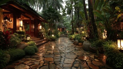 Fototapeta premium Rainy Night in a Lighted Tropical Garden Path