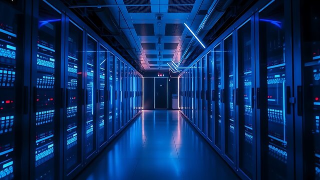 Futuristic server room corridor illuminated by blue LED lights, creating geometric light trails.