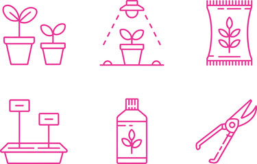 Pink Outline Icons Plant Pots, Light, Fertilizer, Seeds, Tray, and Shears on White