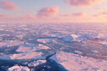 Ice floes in a vast arctic landscape at sunset