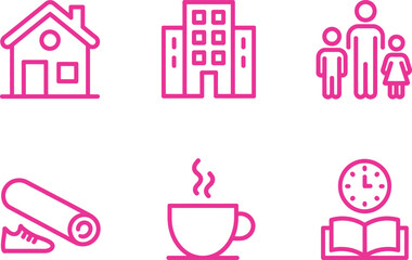 Pink Outline Icons Set With House, Building, Family, Yoga, Coffee, And Time on White