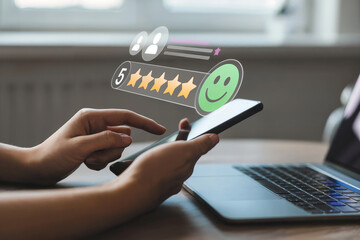 Hands using smartphone with digital technology overlay showing success and progress metrics glowing above the screen