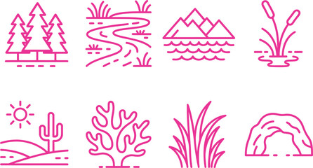 Pink Outline Landscape Icons Set Trees, River, Mountains, Reeds, Cactus, Grass, Cave