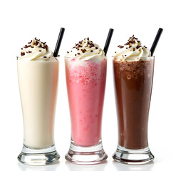 Three milkshakes with whipped cream and chocolate sprinkles on top