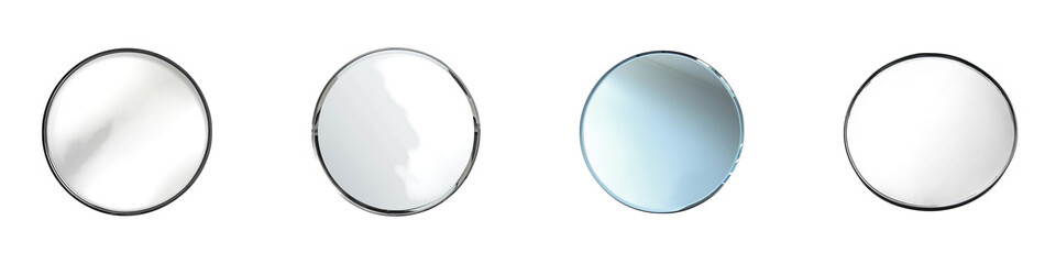 A collection of four round mirrors with different frame styles reflections