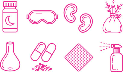 Pink Outline Wellness Items Pills, Bottle, Spray, Mask, Plaster on White Background