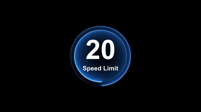 Dynamic speed limit 20 graphic with futuristic blue neon glow effect on a black background for presentations and technology. Road speed limit 20 mph sign board,circle neon line template. 4k