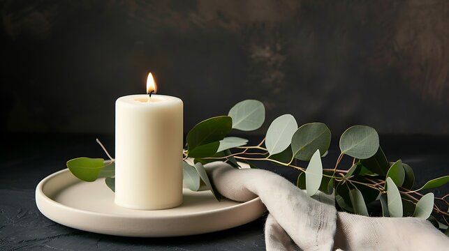 serene and inviting still-life image showcasing a candle, eucalyptus leaves, and soft textures.