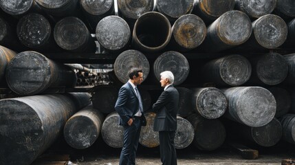 bank manager and businessman discussing near steel tubes in warehouse no logos no brands ar 169