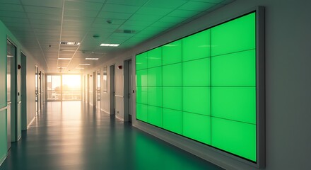 Empty modern corridor with a large green screen display on the wall, an ideal customizable blank canvas for digital content in a professional setting