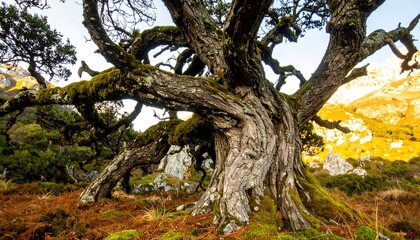 Obraz premium A magnificent ancient tree with gnarled branches, draped in moss, stands amidst a sun-drenched landscape of rocks and foliage.
