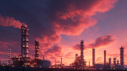 Fototapeta premium Dramatic sunset over gas plant complex with towering chimneys and pipelines industrial landscape evening scene aerial view for energy production