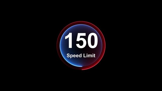 Dynamic road speed limit 150 graphic with futuristic blue neon glow effect on a black background for presentations and technology. Road speed limit 150 mph sign board,circle neon line template. 4k