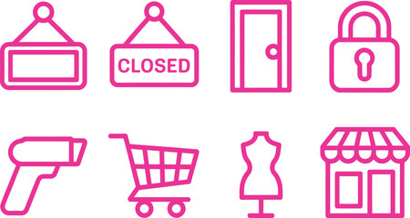 Pink Shopping Icons Set Open Close Sign, Storefront, Mannequin, Door, Lock, Cart, Scanner