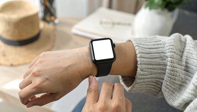 Person checking notifications on smartwatch with blank screen in modern, airy workspace