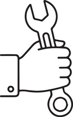Illustration of a hand holding a wrench isolated on white background in vector