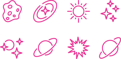 Pink Space Icons Set With Planets, Stars, Sun, Asteroid On Transparent Background