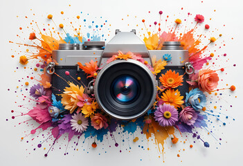 Vintage camera surrounded by vibrant colorful flowers and paint splashes exploding creatively