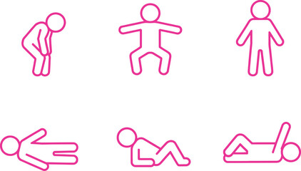 Pink Stick Figures Poses Set on White Standing, Squatting, Lying Down, Resting