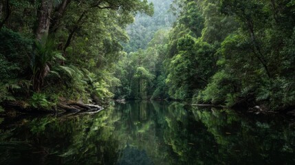 Dark Green Rainforest River Reflection