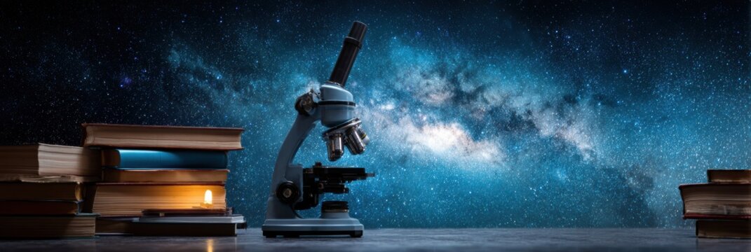 Exploration of Science With a Microscope and Books Against a Beautiful Starry Night Background