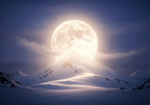 Stunning full moon rising over snow-covered mountain peaks creating a magical winter night scene - Powered by Adobe