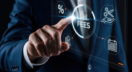 Businessman touches fees virtual icon showcasing rate reduction and payment options on a screen