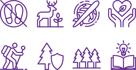 Purple Environmental Icons No Footprints, Deer, Plane Ban, Heart Hands, and Trees