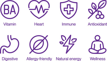 Purple Health Line Icons Set, Vitamin, Heart, Immune, Antioxidant, Digestive, Wellness
